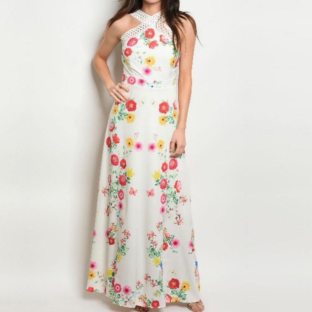Crochet Detail Floral High Neck Halter Maxi Dress